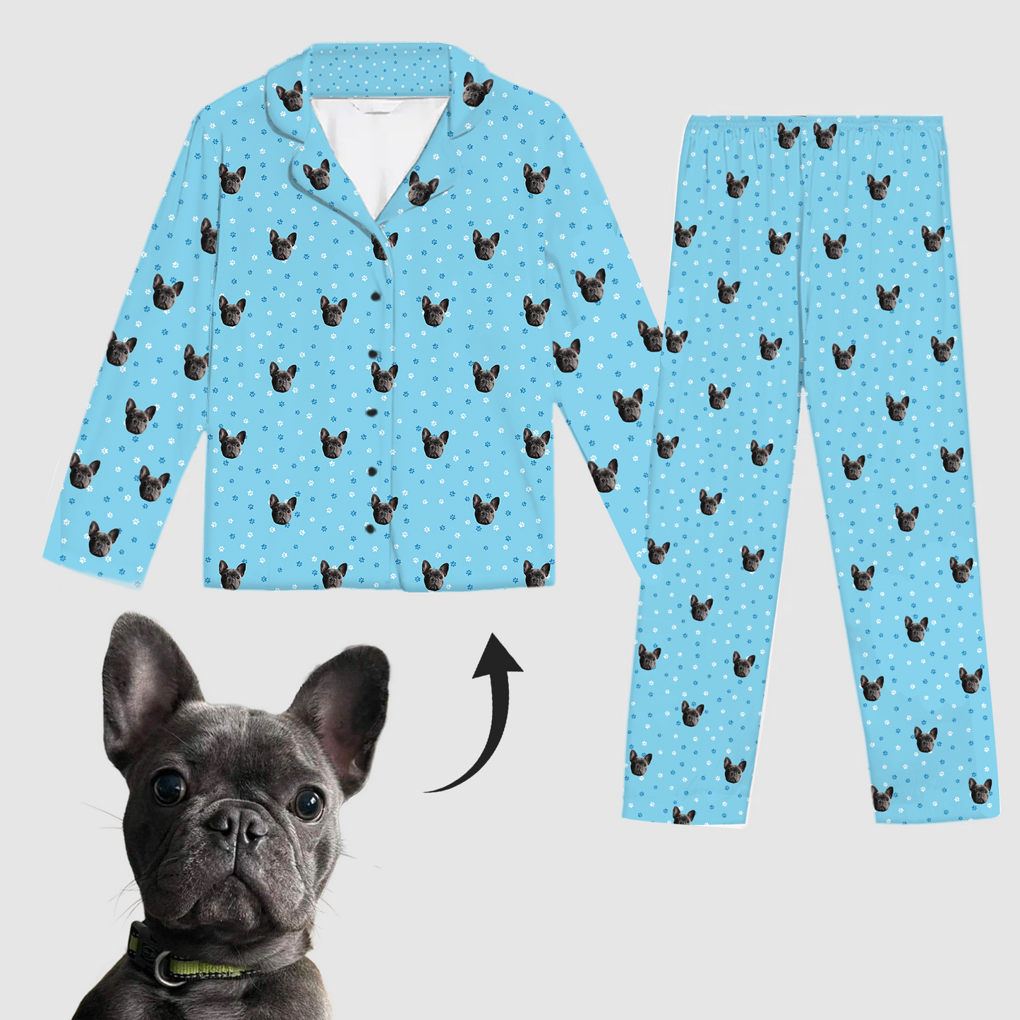 Set pigiama zampe azzurro - Design personalizzato con animali domestici (per adulti e bambini)
