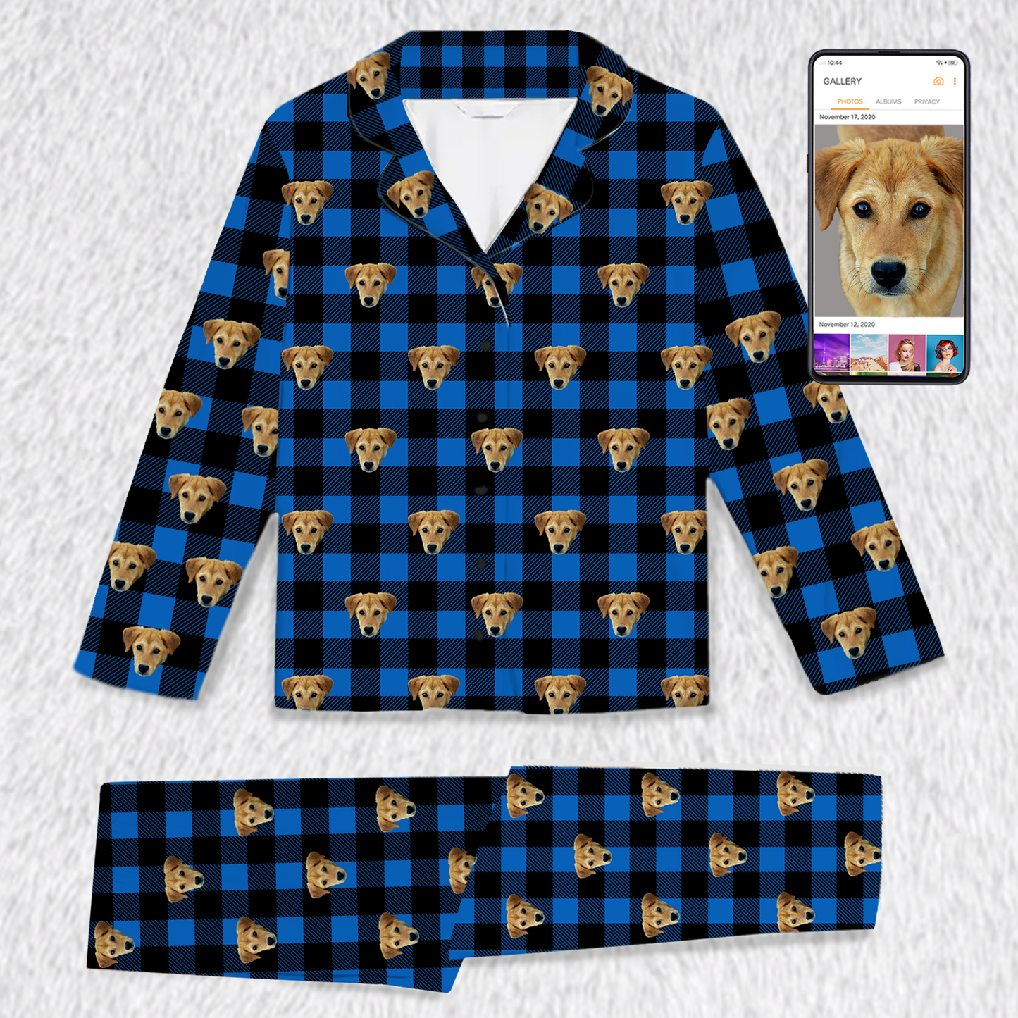 Set pigiama plaid blu - Design personalizzato con animali domestici (per adulti e bambini)