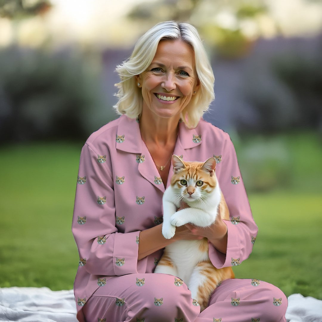 Donna che indossa un set pigiama rosa personalizzato con il muso del suo gatto, mentre tiene in braccio un gatto rosso tigrato all'aperto